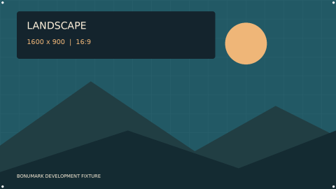 Geometric mountain landscape with a gold sun, a measurement grid, and a 1600 by 900 label. White corner markers make unintended cropping visible.
