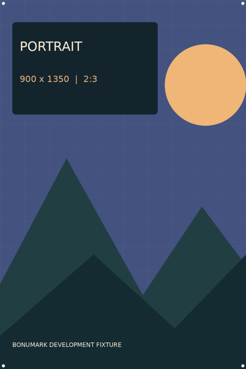 Portrait-format geometric mountain scene with a gold sun, a fine measurement grid, and corner markers. The tall 2:3 frame tests containment without stretching.